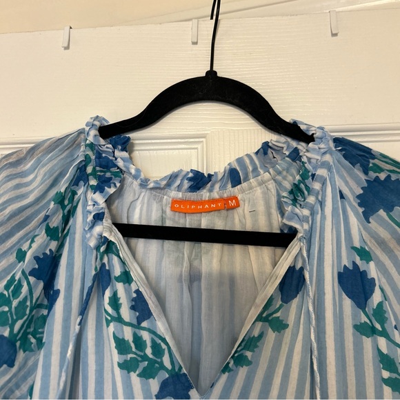 OLIPHANT Balloon Sleeve Short Jaipur Blue Stripe Dress Size M - Picture 4 of 5